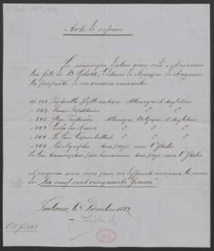 Verlagsschein über "Pastorella, Idylle rustique, Op. 238" und andere Werke