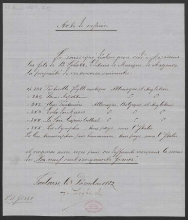 Verlagsschein über "Pastorella, Idylle rustique, Op. 238" und andere Werke