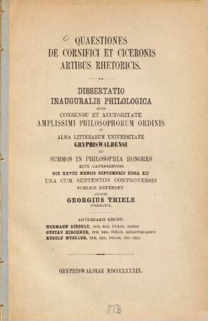 Quaestiones de Cornifici et Ciceronis artibus rhetoricis