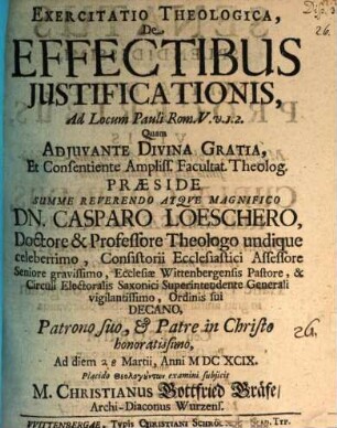 Exercitatio theol. de effectibus iustificationis, ad locum Pauli Rom. V, 12.