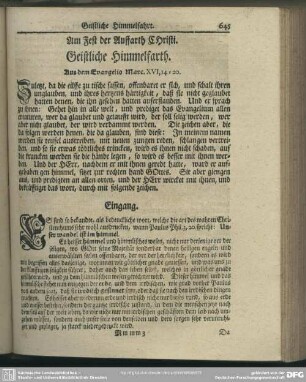 Am Fest der Auffahrth Christi. Geistliche Himmelfahrt. Aus dem Evangelio Marc. XVI, 14-20