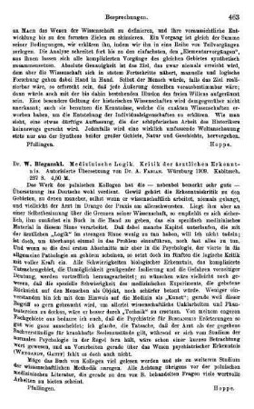 463, W. Bieganski. Medizinische Logik. Kritik der ärztlichen Erkenntnis. 1909