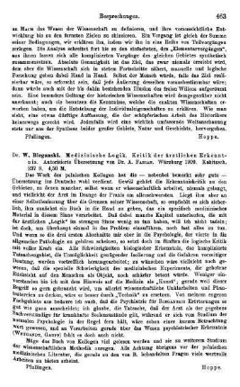 463, W. Bieganski. Medizinische Logik. Kritik der ärztlichen Erkenntnis. 1909