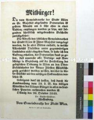 Maueranschlag des Ministerpräsidenten Wessenberg an den Gemeinderat der Stadt Wien