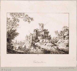 Schloss und Dorf Gnandstein (zu Kohren-Salis zwischen Leipzig und Chemnitz), aus den "70 Mahlerischen An- und Aussichten der Umgegend von Dresden ..." von Carl August und Ludwig Richter um 1820