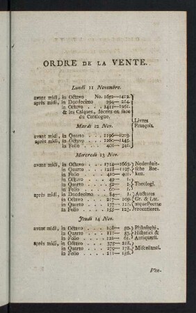 VII-VIII, Ordre de la Vente