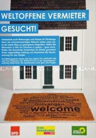 Plakat der Parteien Bündnis 90 / Die Grünen, SPD und FDP im Ort Halstenbek zur Wohnraumbeschaffung für Flüchtlinge
