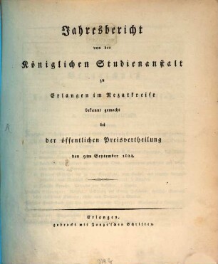 Jahresbericht über die Königliche Studienanstalt zu Erlangen : für das Studienjahr ..., 1824