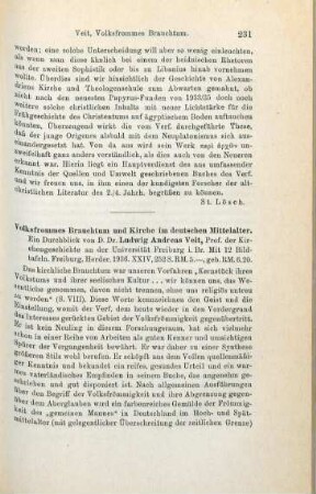 231-232 [Rezension] Veit, Ludwig Andreas, Volksfrommes Brauchtum und Kirche im deutschen Mittelalter