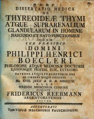 Dissertatio Medica De Thyreoideæ Thymi Atque Suprarenalium Glandularum In Homine Nascendo Et Nato Functionibus