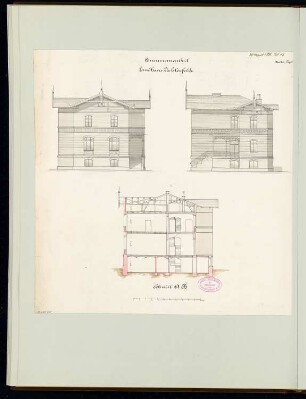 Ländliches Wohnhaus, Berlin-Lichterfelde Monatskonkurrenz April 1881: Aufriss Straßenansicht, Seitenansicht, Querschnitt; Maßstabsleiste