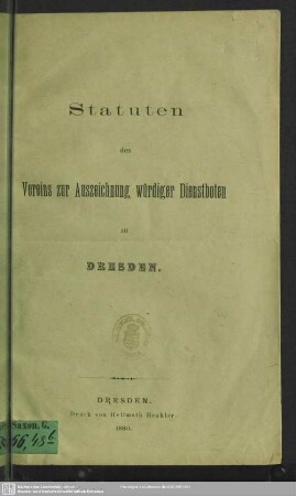 Statuten des Vereins zur Auszeichnung würdiger Dienstboten zu Dresden