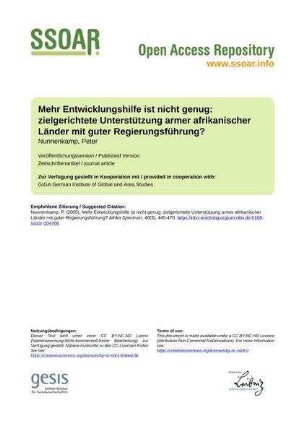 Mehr Entwicklungshilfe ist nicht genug: zielgerichtete Unterstützung armer afrikanischer Länder mit guter Regierungsführung?