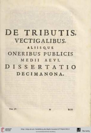 Dissertatio decimanona: De Tributis, Vectigalibus, aliisque oneribus publicis Medii Aevi
