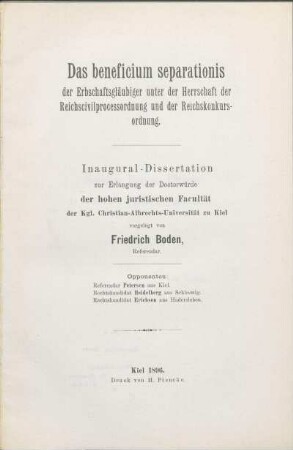 Das beneficium separationis der Erbschaftsgläubiger unter der Herrschaft der Reichscivilprocessordnung und der Reichskonkursordnung