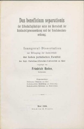 Das beneficium separationis der Erbschaftsgläubiger unter der Herrschaft der Reichscivilprocessordnung und der Reichskonkursordnung