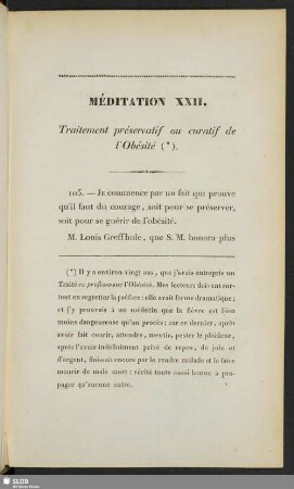 Méditation XXII. Traitement préservatif ou curatif de l'Obésité
