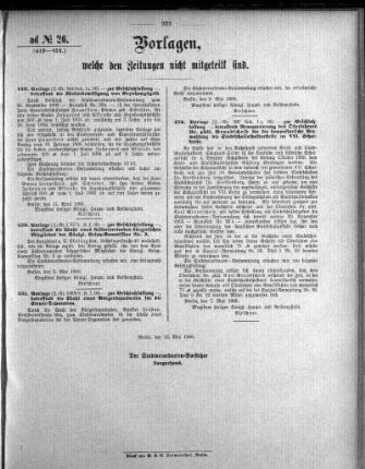 Anlage: ad No.26 (449-452.), Vorlagen, welche den Zeitungen nicht mitgeteilt sind