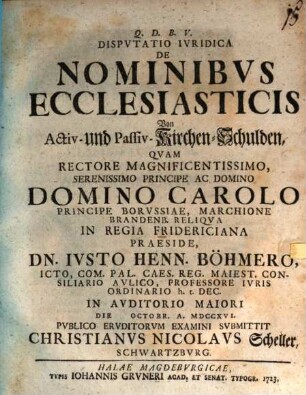Dispvtatio Ivridica De Nominibvs Ecclesiasticis : = Von Activ- und Passiv-Kirchen-Schulden