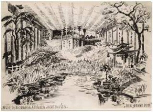 Ausstellungsgarten Jubiläums-Gartenbau-Ausstellung 1926, Dresden: Innenansicht Ausstellungshalle, Raum D, Diorama Astilbe und Hortensien: perspektivische Ansicht