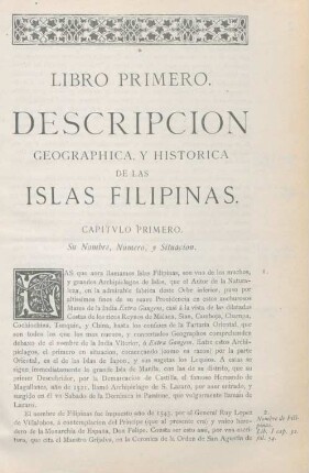 Libro primero. Descripcion geographica, y historica de las Islas Filipinas