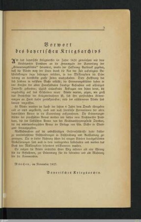 Vorwort des bayerischen Kriegsarchivs