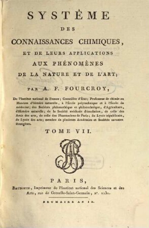 Système des connaissances chimiques, et de leurs applications aux phénomènes de la nature et de l'art, 7