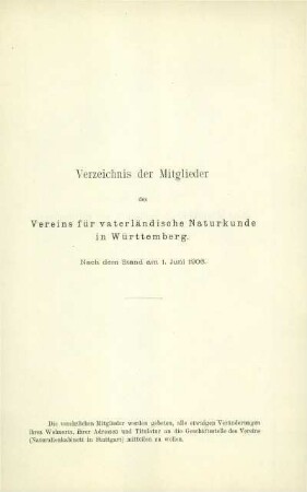 Verzeichnis der Mitglieder des Vereins für vaterländische Naturkunde in Württemberg. Nach dem Stand am 1. Juni 1906