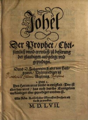 Johel Der Prophet, Christenlich vnnd trewlich, zu besserung der glaubigen außgelegt vnd geprediget
