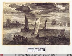 Vier Segelboote und eine Barke mit einer Kutsche in der Nähe eines Hafens