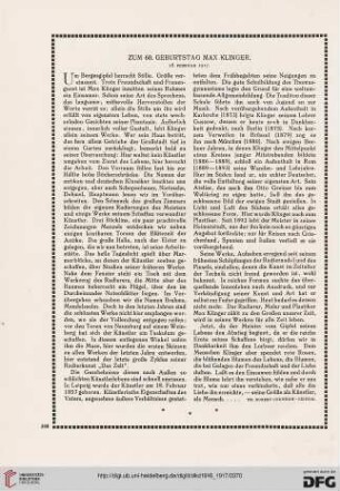 Zum 60. Geburtstag Max Klinger: 18. Februar 1917