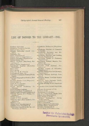 List of Donors to the Library, 1905.