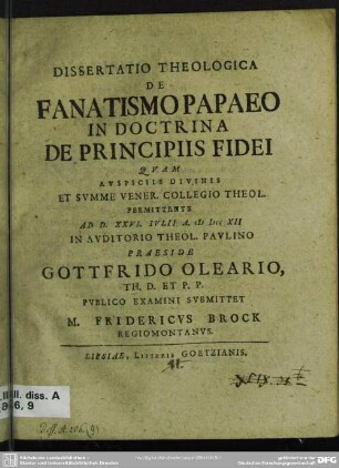 Dissertatio Theologica De Fanatismo Papaeo In Doctrina De Principiis Fidei