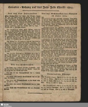 Calender-Anhang auf das Jahr Jesu Christi 1824