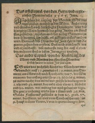 Das erst Capitel/ von den Herrn und regierenden Planeten dises 1565. Jars.
