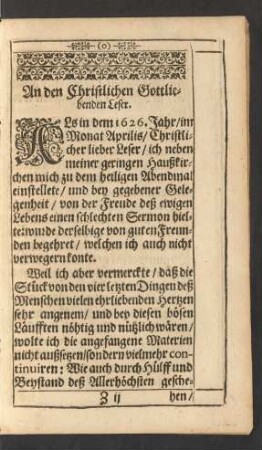 An den Christlichen Gottliebenden Leser.