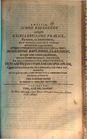 Adsitis, summe reverende ... praesul, patroni ... atque ipsis Nonis Decembris ... trigam ... discipulorum ... audiatis ... : [Programma invitatorium, continens aliqua de scholis celebrioribus, in quas Romani, extra patriae limina, filios studiorum causa mittebant]