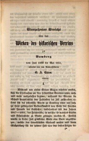 Bericht über das Wirken und den Stand des Historischen Vereins zu Bamberg : im Jahre .... 14. 1851
