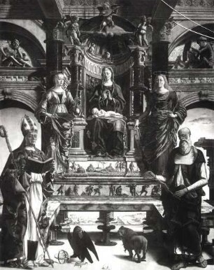 Thronende Madonna mit dem schlafenden Kind und vier Heiligen