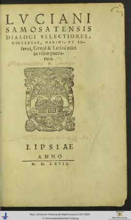 LVCIANI SAMOSATENSIS DIALOGI SELECTIORES, COELESTES, MARINI, ET INferni, Graecè & Latinè editi in vsum puerorum