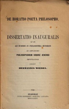 De Horatio poeta philosopho : Diss. inaug. Jenensis