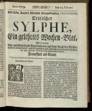 (XIII. Stück.) den 12. Februari. Anno 1752.