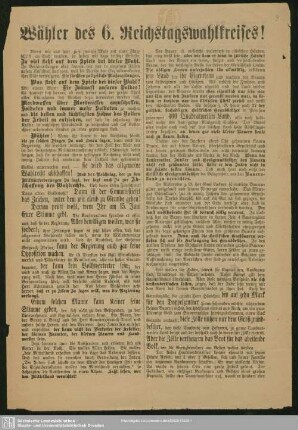 Wähler des 6. Reichstagswahlkreises! : Wenn wir uns heut zum zweiten Male mit einer Flugschrift ...; [Wahlaufruf zur Wahl des Landtagsabgeordneten Georg Horn]