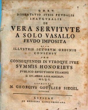 Dissertatio Ivris Fevdalis Inavgvralis De Vera Servitvte A Solo Vasallo Fevdo Imposita