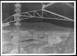 Staustufe Erlabrunn. Baumaßnahmen. Blick auf die Baugrube. Vgl. Aufnahmen Nr. 30, 31 und 32.