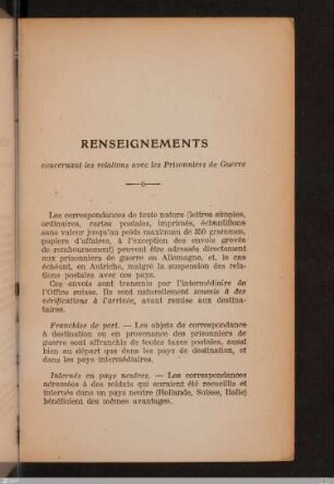 Renseignements concernant les relations avec les Prisonniers de Guerre