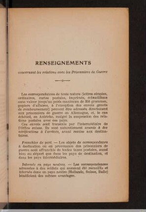 Renseignements concernant les relations avec les Prisonniers de Guerre