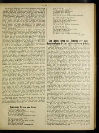 ¬Ein¬ Urteil über die Erfolge der konfessionslosen bezw. religionslosen Schule