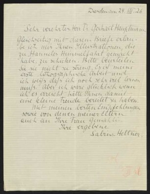 Brief von Sabine Hettner an Gerhart Hauptmann