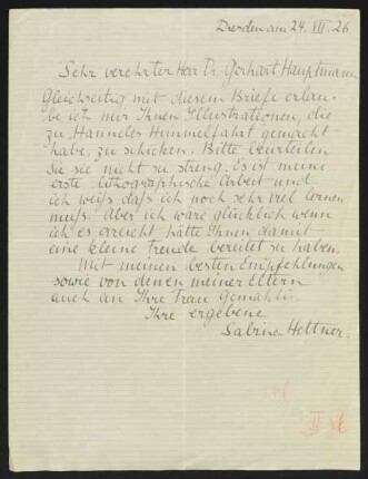 Brief von Sabine Hettner an Gerhart Hauptmann